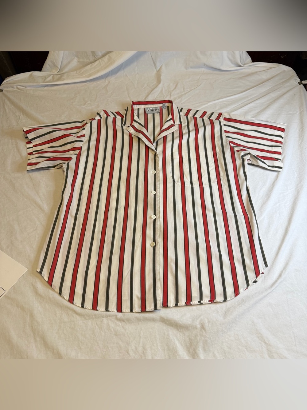Vintage Venezia Red, White & Black Vertical Stripe Short-Sleeve Shirt.